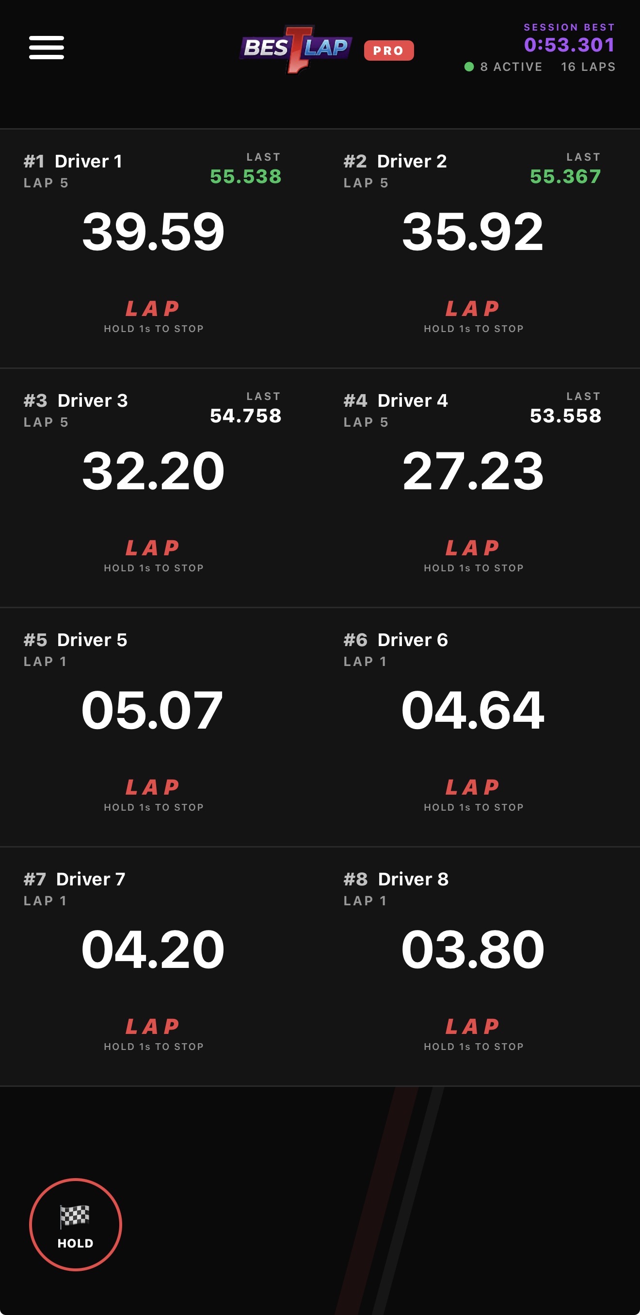 BestLap showing 8 stopwatches running simultaneously in compact view