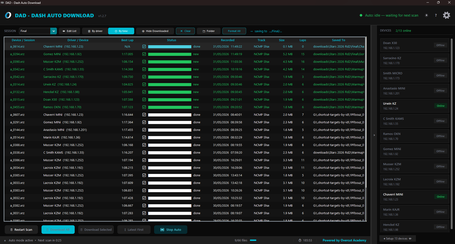 DAD auto-downloading sessions with progress bars