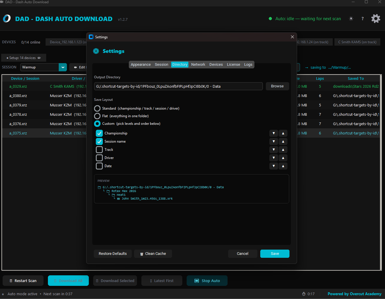 DAD Settings panel showing the custom save-layout options and a live folder preview